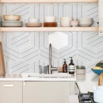 parede da cozinha ideias de decoracao de cozinha moderna hexagono linhas azuis