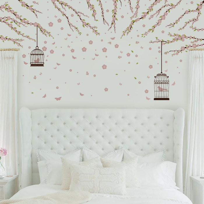Quarto Galho de Canto Flores e Passaros Rosa Bebê