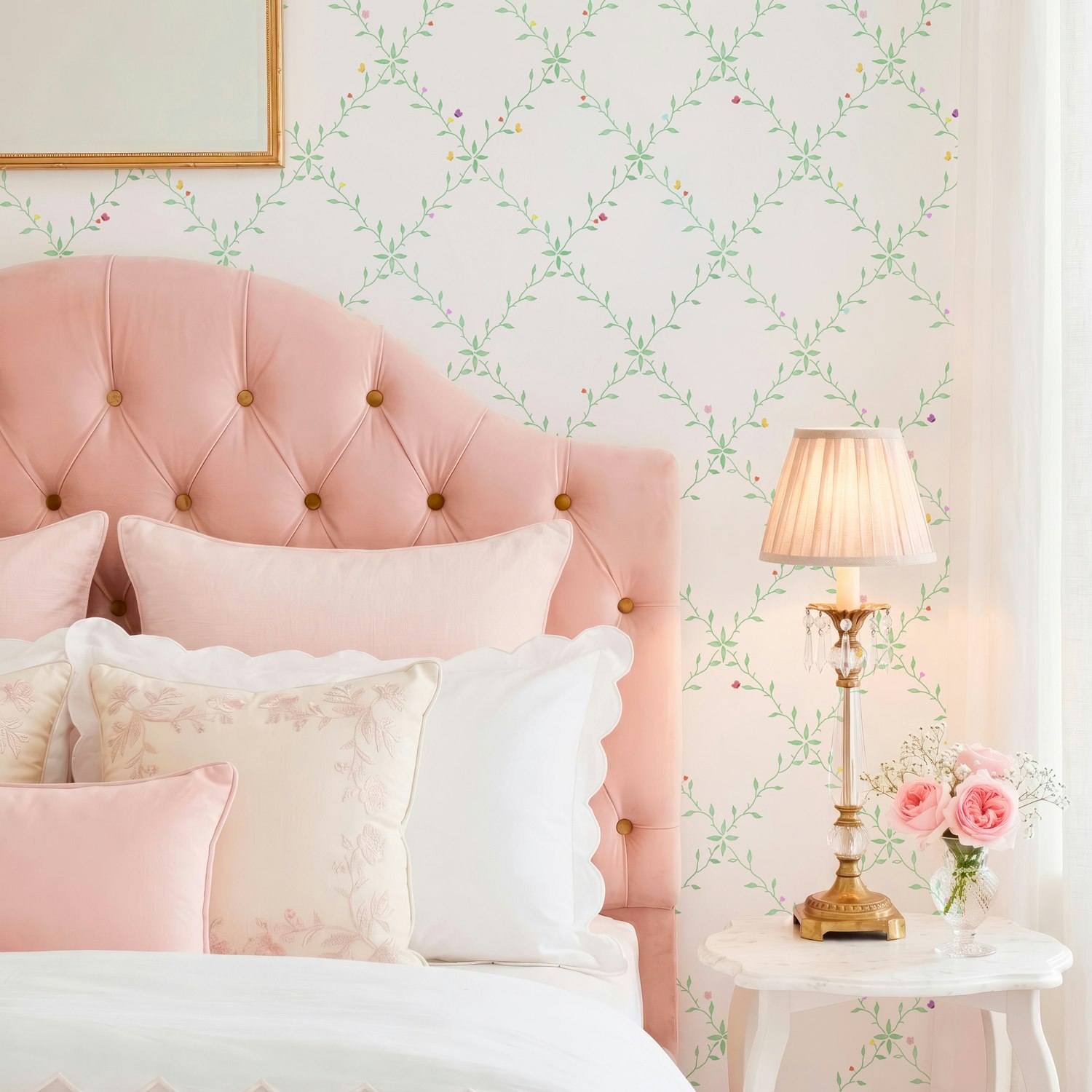 Papel de Parede Floral Treliça Delicado Jardim Romântico em quarto de menina com cabeceira de cor rosa, almofadas delicadas e luminaria