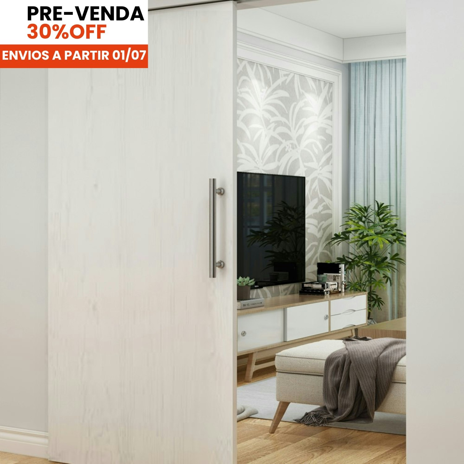 Adesivo para Porta Madeira Branca em quarto sofisticado e claro com tv e papel de parede no fundo