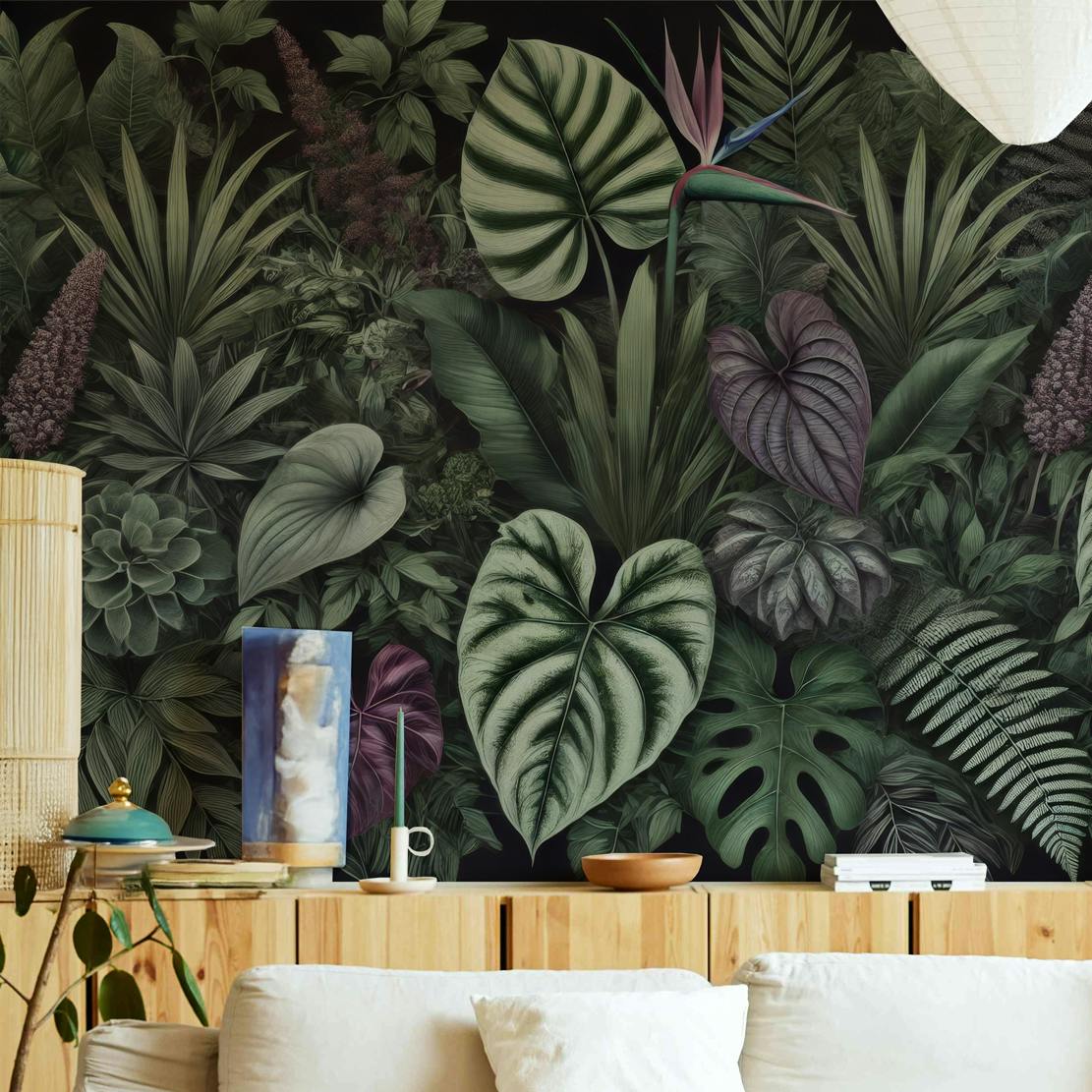 painel de parede folhagem tropical verde e roxo noir jungle